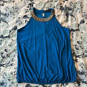 Elegant Blue Sleeveless Top with Embellished Collar